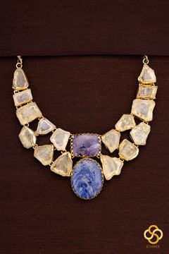 Druzy Raw stone necklace - Citrine yellow with blue