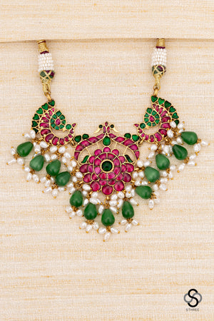 Double Peacock Pendent with Green Beads Choker - Ruby Red