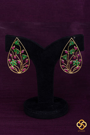 Jadau kundan earrings - Emerald colour flowers and ruby red
