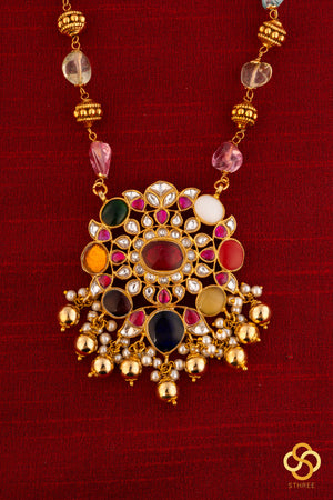Navarathna pendant in Gold ball and Multi colour stone