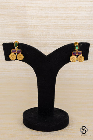Lakshmi coins with rectangular stone - Ruby red and Emerald green