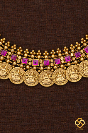 Lakshmi Kasumalai Set with Ruby Red Square Stones