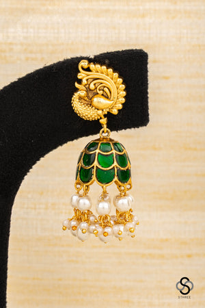 Mayil Jhumkas - Emerald green with Pearls