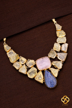 Druzy Raw stone necklace - Citrine yellow with pink and blue