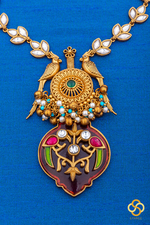Jadau kundan necklace - Handmade parrot pendant in red onyx