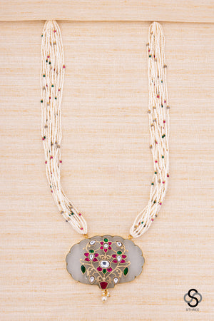 Pearl bunch with inlay work pendant - Ruby red