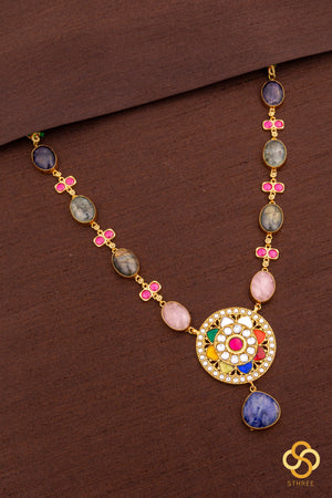 Multi colour cabachon necklace set with Navarathna pendant