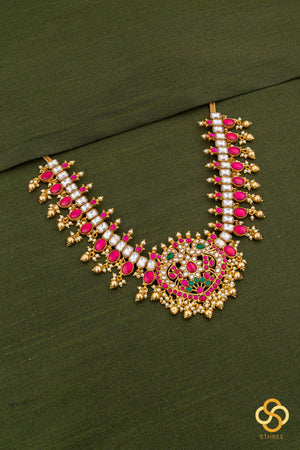 Jadau kundan with Mayil pendent Necklace - Ruby red