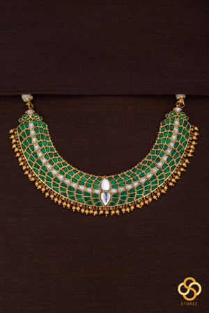 Emerald green with gold balls - Jadau kundan