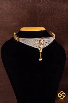 Rajwadi V pattern choker - Silver and gold two tone finish