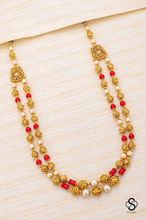 Two liner gold balls with pearls and coral