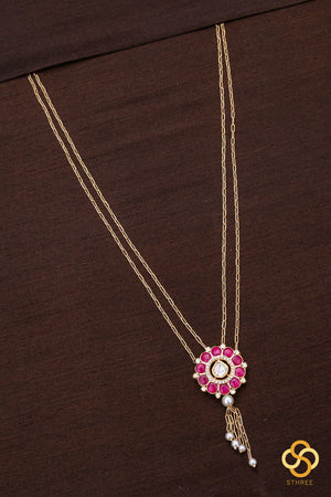 Layered Kundan necklace - Ruby red with pearls