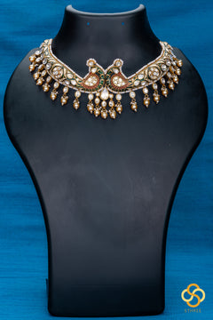 Double Peacock Hasli - White Stone and Pearls