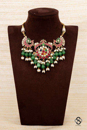 Double Peacock Pendent with Green Beads Choker - Navarathna