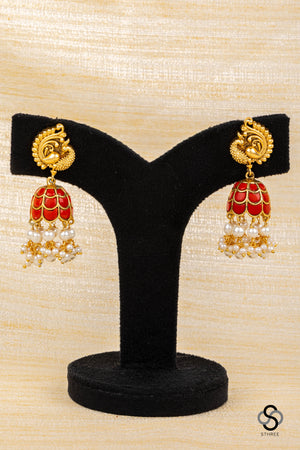 Mayil Jhumkas - Coral with Pearls