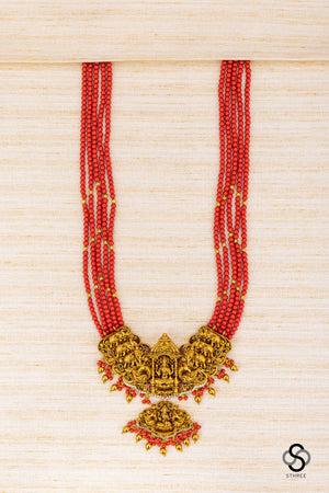 Lakshmi pendant with Nakas work - Coral