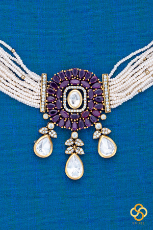 Pearl Choker in Jadau kundan pendant - Amethyst