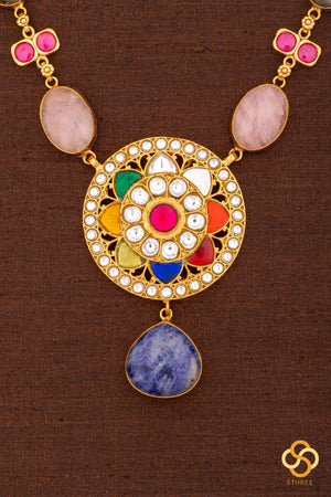 Multi colour cabachon necklace set with Navarathna pendant