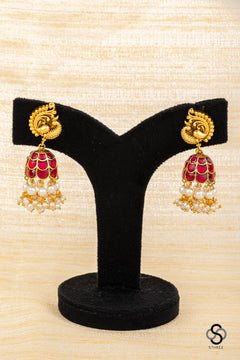 Mayil Jhumkas - Ruby red with Pearls