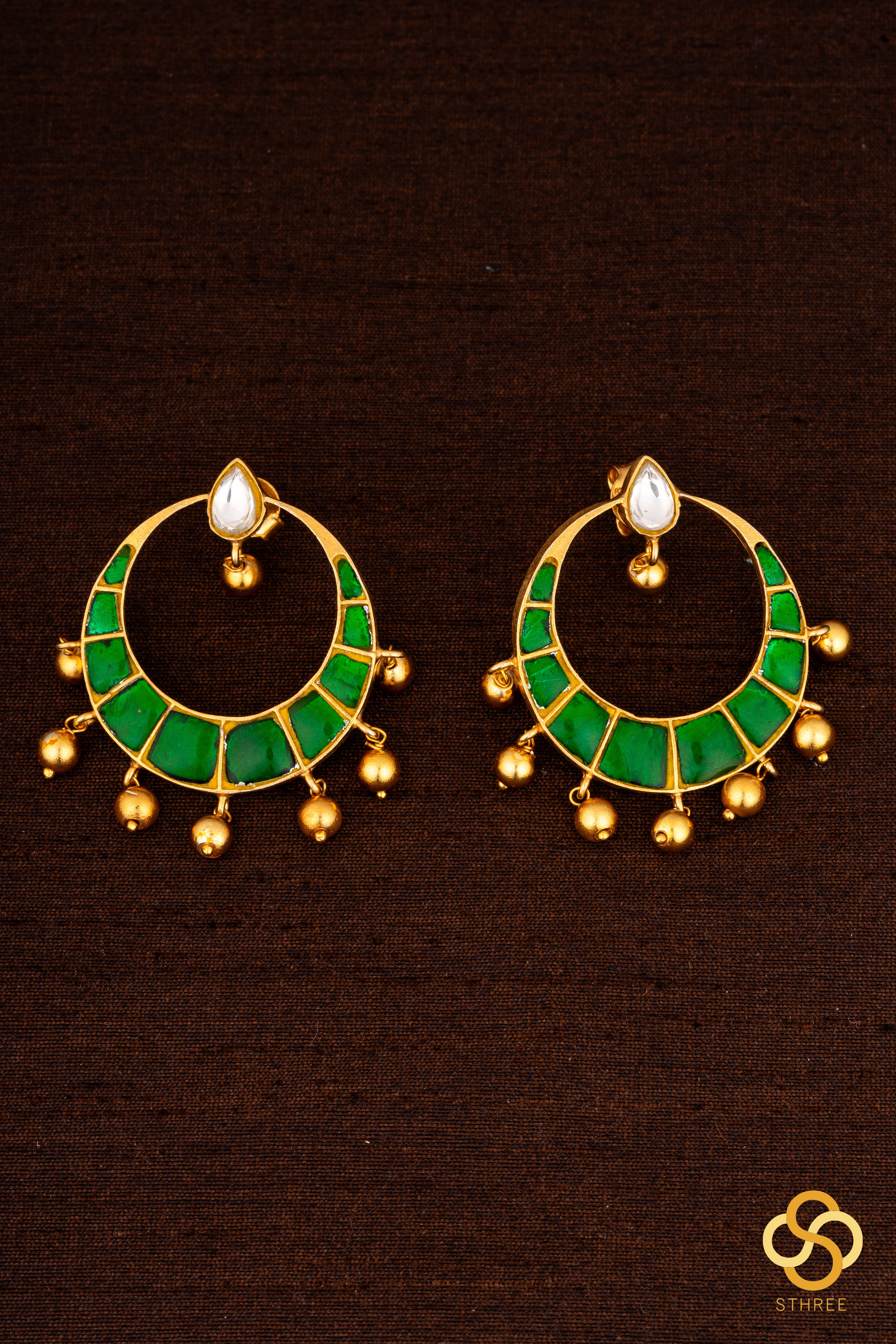 Chandbali with gold balls - Emerald Green