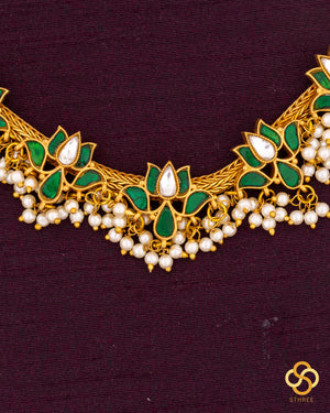 Five lotus necklace set - Emerald green with pearls