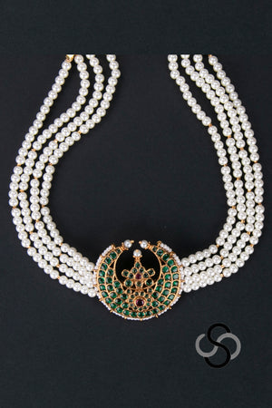 Pearl Choker - 4 Lines - Chandbali Pendant in Green