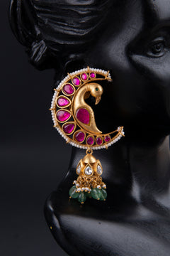 Half Moon Shape - Peacock Jadau Kundan - Ruby red