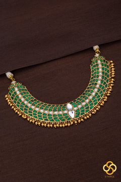 Emerald green with gold balls - Jadau kundan