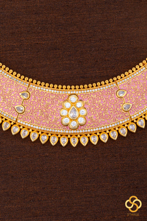 Rajwadi choker - Hasli with pink meenakari work with uncut zircons