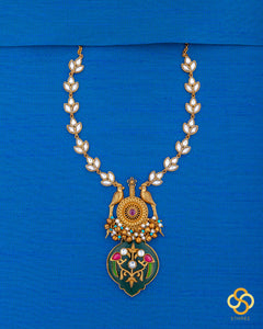 Jadau kundan necklace - Handmade parrot pendant in green onyx