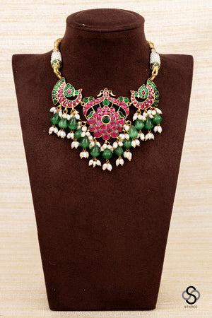 Double Peacock Pendent with Green Beads Choker - Ruby Red