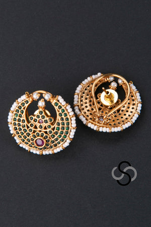 Pearl Choker - 4 Lines - Chandbali Pendant in Green