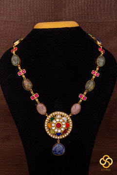 Multi colour cabachon necklace set with Navarathna pendant