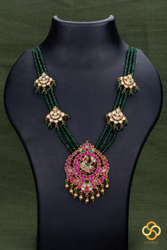 Mayil Pendent with Green Beads - Ruby Red with Emerald Green