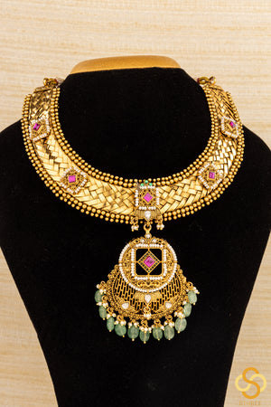 Braid Hasli - Nakas Work with Kemp Kundan Set with Green Beads