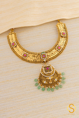 Braid Hasli - Nakas Work with Kemp Kundan Set with Green Beads