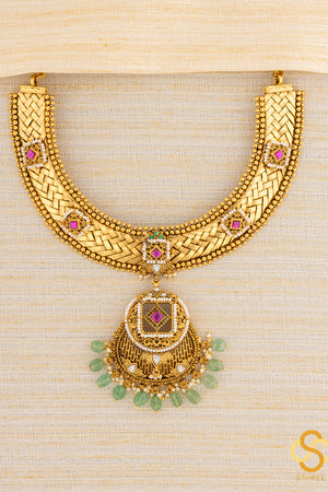 Braid Hasli - Nakas Work with Kemp Kundan Set with Green Beads