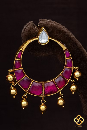 925 Silver - Chandbali with gold balls hangings - Kemp red