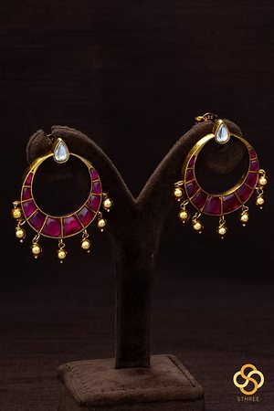 925 Silver - Chandbali with gold balls hangings - Kemp red