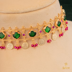 Keralam choker with Lakshmi coins - Emerald Green