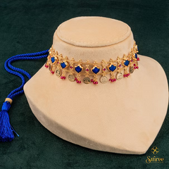Keralam choker with Lakshmi coins - Sapphire Blue