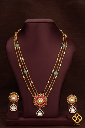 Layered Kundan necklace - Ruby red and Emerald green