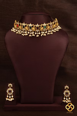Navarathna choker set - Pearls hangings
