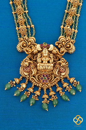 Lakshmi Haram - Antique Finish Gold with Green Beads
