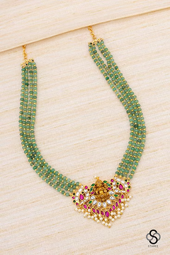Lakshmi Kundan Set in Green Beads - Ruby red