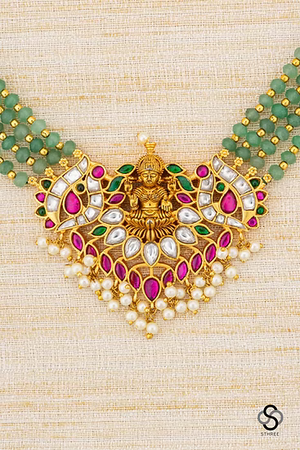 Lakshmi Kundan Set in Green Beads - Ruby red