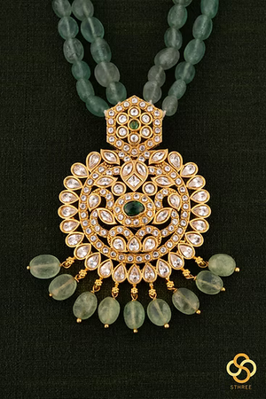 Kundan Pendant with Two Liner Green Beads