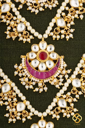 Teen Lada - Kundan and Pearls - White and Red Kundan
