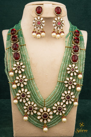 Zircon and Flower Haram - Antique Finish Gold with Green Beads
