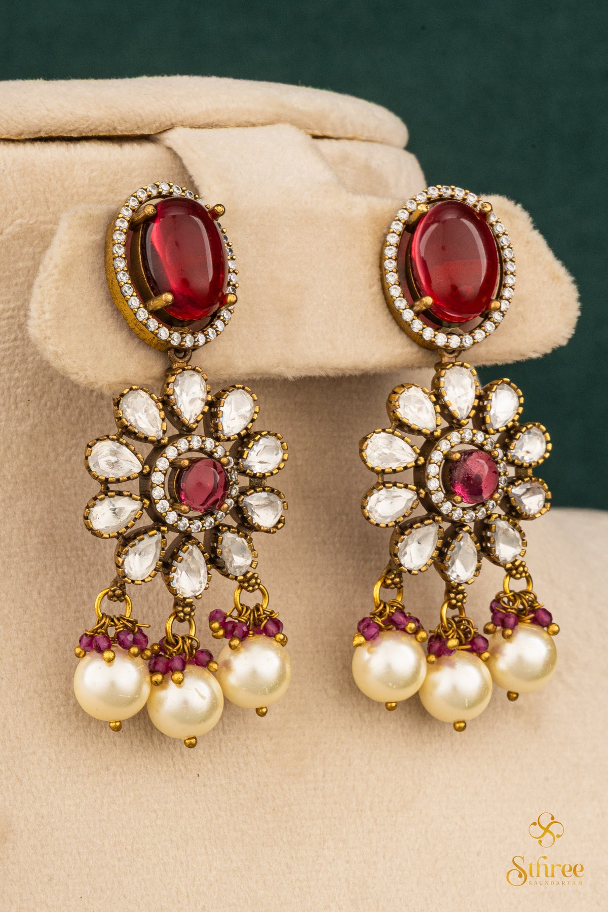 Zircon and Flower Haram - Antique Finish Gold with Green Beads